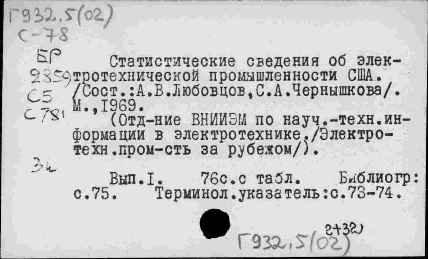 ﻿Статистические сведения об элек->359тротехнической промышленности США.
- /Сост.:А.В.Любовцов.С.А.Чернышкова/.
М. 1969.
7^’ ’’ (Отд-ние ВНИИЗМ по науч.-техн.информации в электротехнике./Электро-техн .пром-сть за рубежом/).
Вып.1. 76с.с табл. Бпблиогр: с.75. Терминол.указатель:с.73-74.